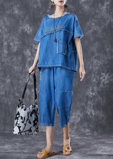 Boho Blaues Patchwork Denim Zweiteiler Set mit bestickten Buchstaben